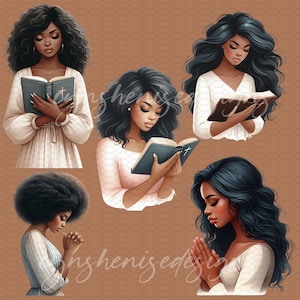 Puede incluir: Ilustraci&oacute;n digital de cinco mujeres con cabello oscuro, vestidas con ropa blanca y rosa, leyendo y rezando con una biblia.