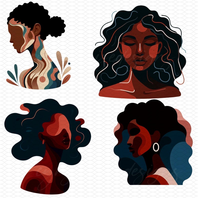 May include: Four digital illustrations of women with different hairstyles and skin tones. The women are depicted in a minimalist style with bold colors and geometric shapes.