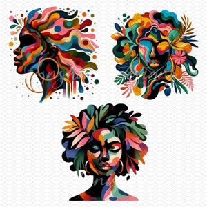 May include: Three digital illustrations of women with colorful abstract designs and floral elements. The women have dark skin and are depicted with closed eyes. The illustrations are in a vibrant color palette with shades of blue, green, red, yellow, and orange.