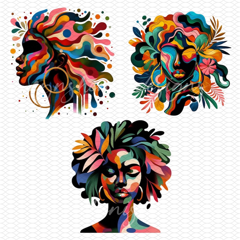 May include: Three digital illustrations of women with colorful abstract designs and floral elements. The women have dark skin and are depicted with closed eyes. The illustrations are in a vibrant color palette with shades of blue, green, red, yellow, and orange.
