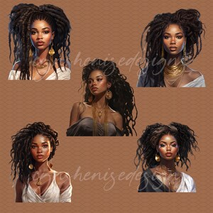 May include: Four digital illustrations of women with dark brown skin and long, curly, dark brown hair. Each woman is wearing gold jewellery and a different outfit. The background is a brown, textured pattern.