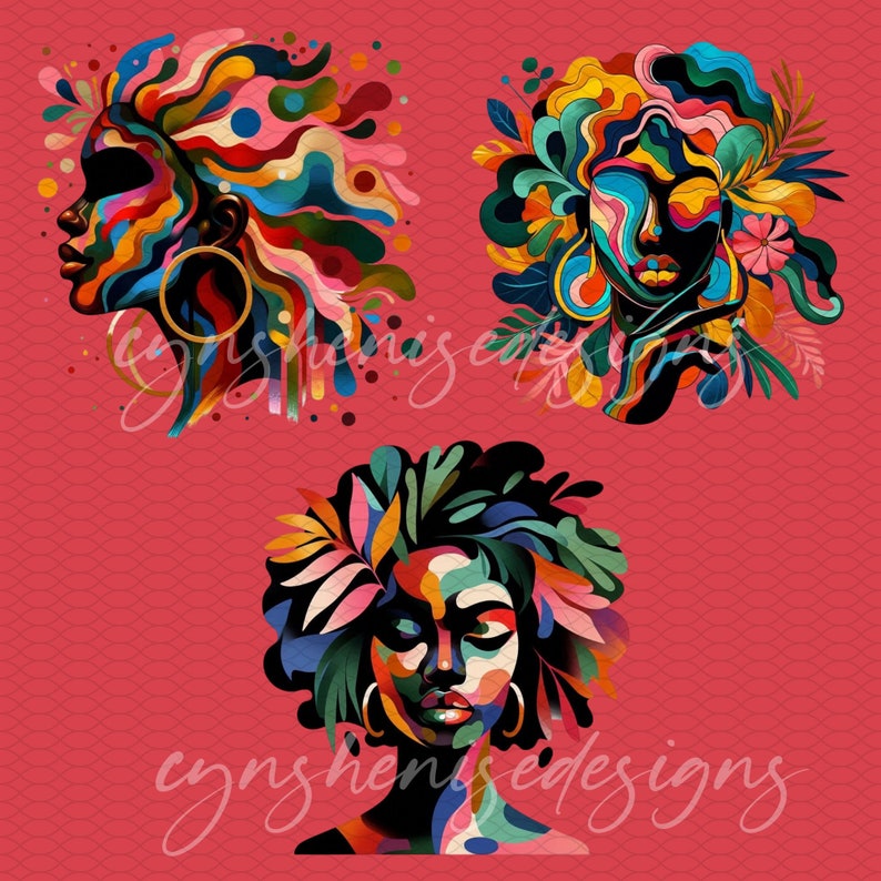 May include: Three digital illustrations of women with colorful abstract hair and floral designs. The background is a solid red color.