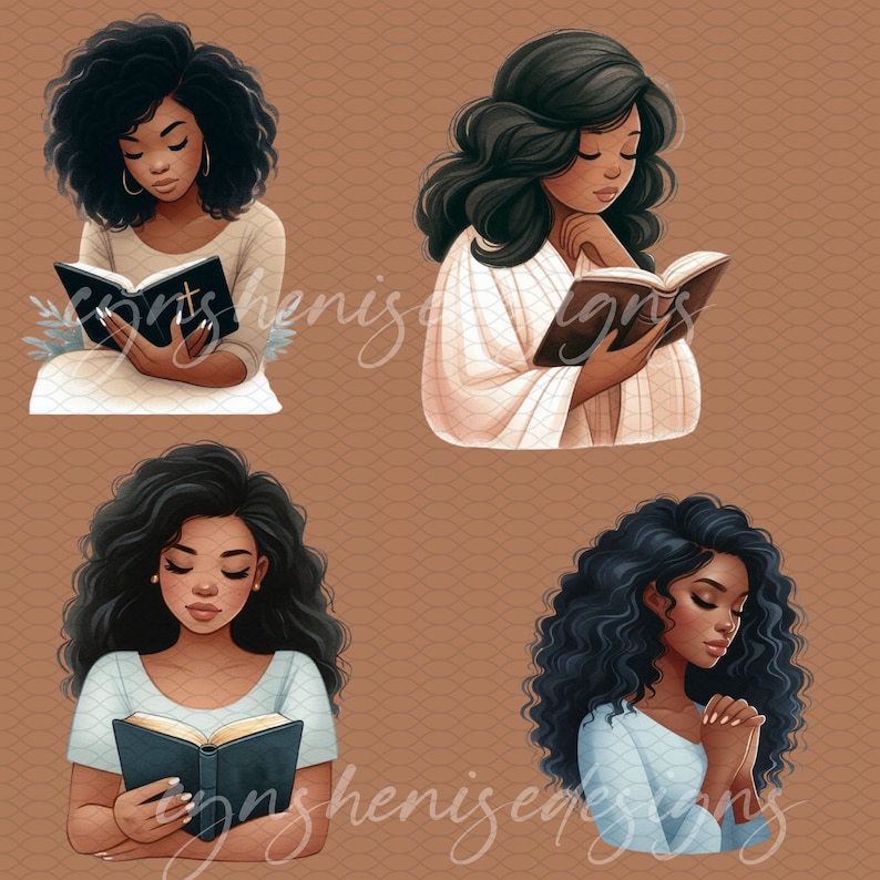 Puede incluir: Cuatro ilustraciones de mujeres negras con cabello largo y rizado. Cada mujer lleva un atuendo diferente y est&aacute; leyendo un libro o rezando. El fondo es un patr&oacute;n marr&oacute;n.