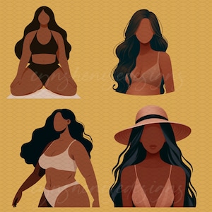 K&ouml;nnte beinhalten: Vier Illustrationen von Frauen, die verschiedene Bademoden tragen. Die Frauen haben langes dunkles Haar und sind in einem minimalistischen Stil dargestellt. Der Hintergrund ist ein gelbes Muster.