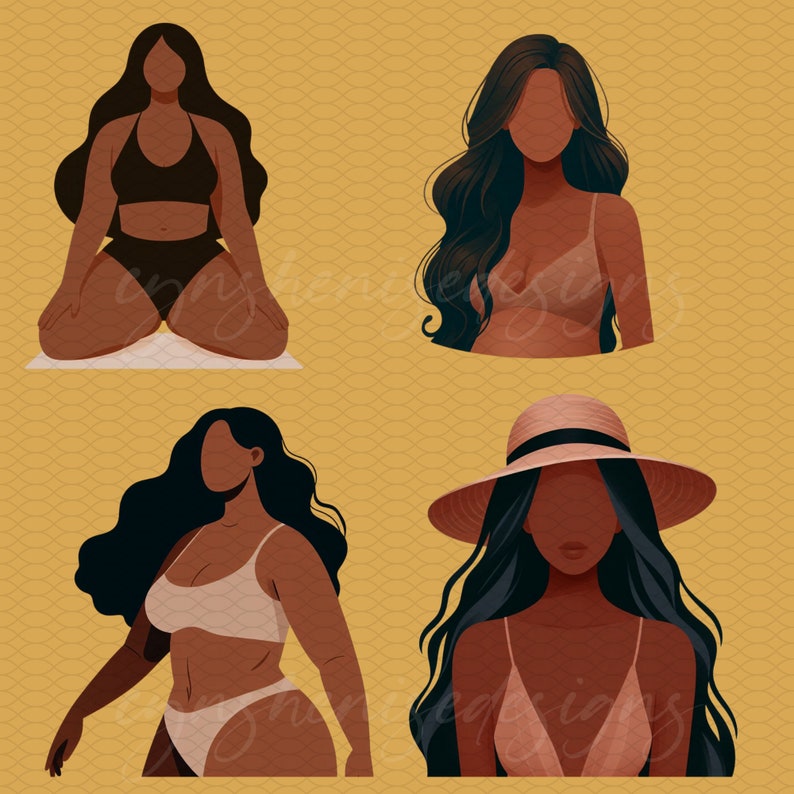 K&ouml;nnte beinhalten: Vier Illustrationen von Frauen, die verschiedene Bademoden tragen. Die Frauen haben langes dunkles Haar und sind in einem minimalistischen Stil dargestellt. Der Hintergrund ist ein gelbes Muster.