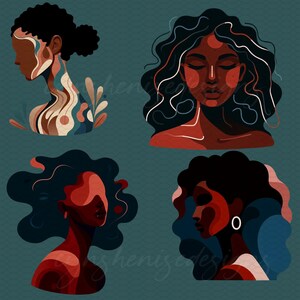 May include: Four digital illustrations of women with dark hair and red, brown, and white skin tones. The women are depicted in a minimalist style with abstract shapes and colors.