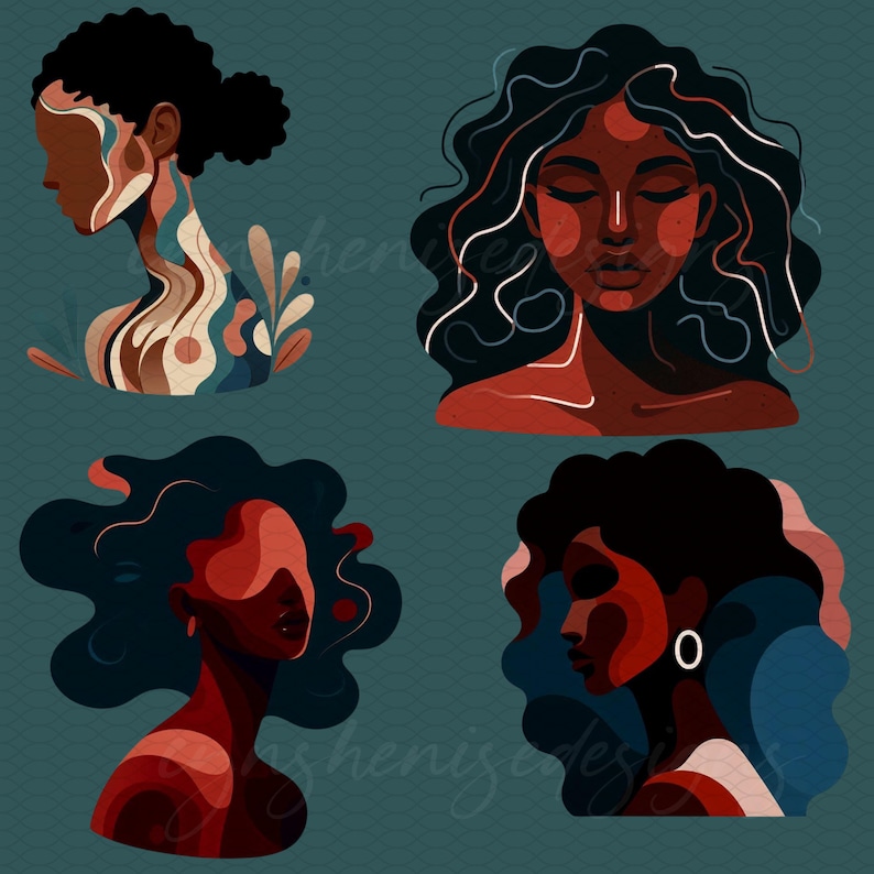May include: Four digital illustrations of women with dark hair and red, brown, and white skin tones. The women are depicted in a minimalist style with abstract shapes and colors.