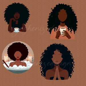 K&ouml;nnte beinhalten: Vier digitale Illustrationen von schwarzen Frauen mit lockigem Haar. Die erste Frau sitzt mit einer Tasse Kaffee. Die zweite Frau steht mit einer Tasse Kaffee. Die dritte Frau liegt in einer Badewanne mit Kerzen. Die vierte Frau meditiert mit ihren H&auml;nden im Gebet.
