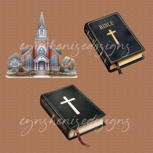 Puede incluir: Una ilustraci&oacute;n digital de un edificio de iglesia con un campanario y una cruz en la parte superior. Hay dos Biblias abiertas con cruces en las cubiertas. Las Biblias son negras con ribetes dorados. El fondo es de color marr&oacute;n.