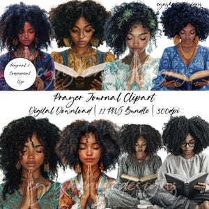 May include: Digital clipart set of 11 images featuring women with curly hair praying and reading books. The women are wearing various colorful clothing and jewelry. The images are in PNG format and are 300 dpi.