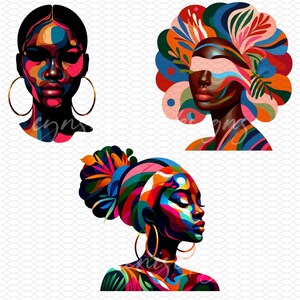 May include: Three digital illustrations of women with colorful abstract designs on their faces and hair. The women are depicted in a stylized, modern art style.