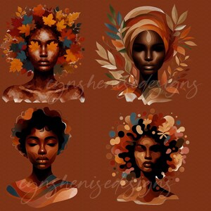 May include: Four digital illustrations of women with autumnal foliage surrounding their heads. The women have dark skin and are depicted with closed eyes. The background is a solid brown color.
