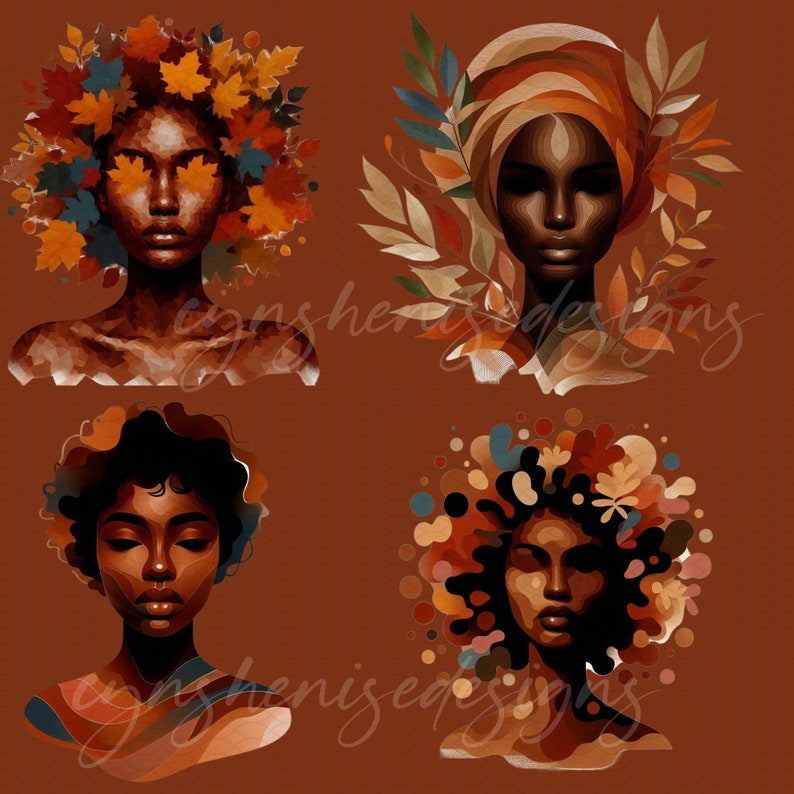 May include: Four digital illustrations of women with autumnal foliage surrounding their heads. The women have dark skin and are depicted with closed eyes. The background is a solid brown color.