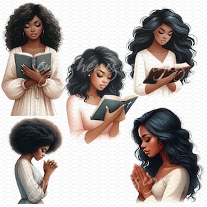 Puede incluir: Cuatro ilustraciones digitales de mujeres con cabello largo y oscuro. Cada mujer se representa con una expresi&oacute;n y una pose diferentes. Una mujer sostiene un libro, otra reza y las otras dos leen libros. Las ilustraciones son de estilo de dibujos animados y tienen una paleta de colores suave y pastel.