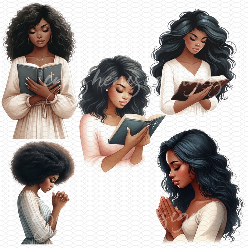 Puede incluir: Cuatro ilustraciones digitales de mujeres con cabello largo y oscuro. Cada mujer se representa con una expresi&oacute;n y una pose diferentes. Una mujer sostiene un libro, otra reza y las otras dos leen libros. Las ilustraciones son de estilo de dibujos animados y tienen una paleta de colores suave y pastel.