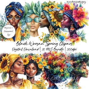 Printemps fille noire PNG, femme noire, clipart fille noire, fille noire céleste, agenda fille noire, mélanine, autocollants numériques, journal intime