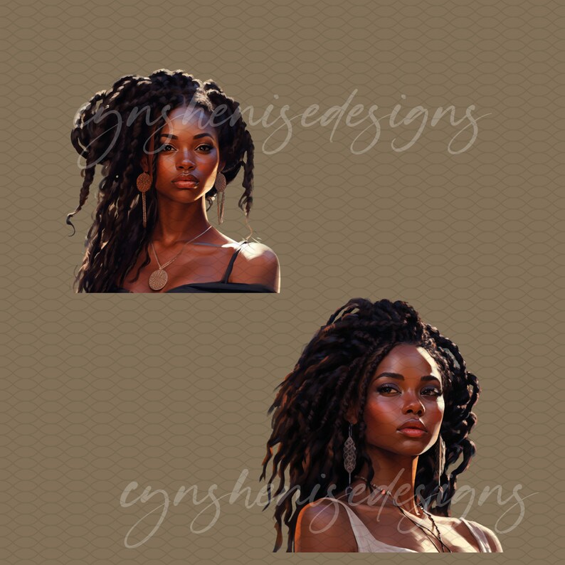 May include: Two portraits of women with long, dark brown dreadlocks. Both women are wearing necklaces and earrings. The woman in the top portrait is wearing a black top, while the woman in the bottom portrait is wearing a white tank top.