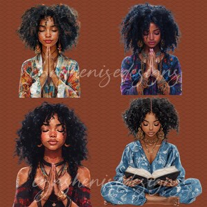 May include: Four digital illustrations of women with dark curly hair wearing colorful clothing and jewelry. The women are in various poses, including meditating, praying, and reading a book.