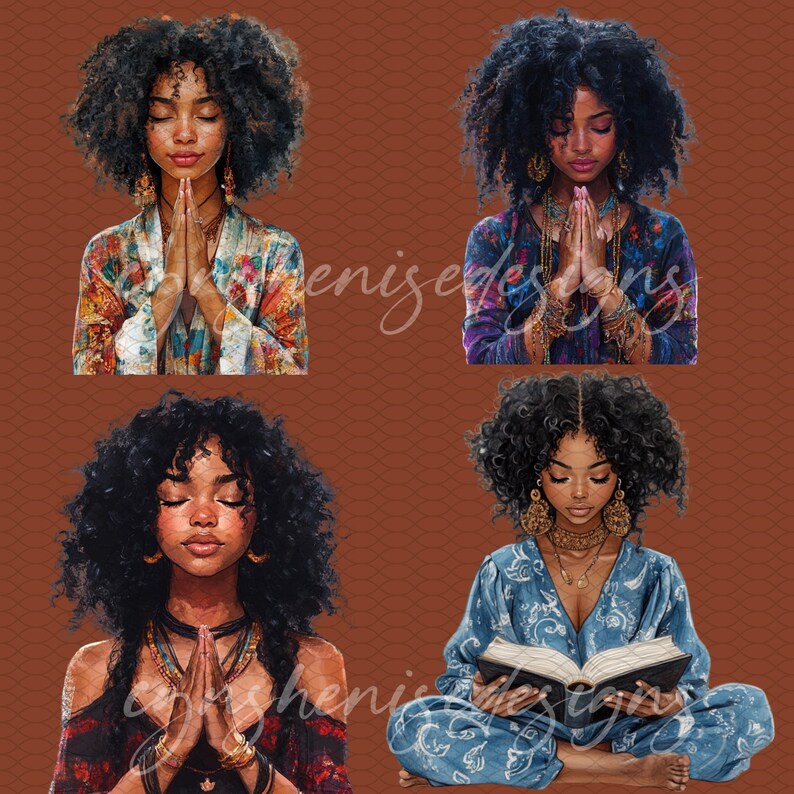 May include: Four digital illustrations of women with dark curly hair wearing colorful clothing and jewelry. The women are in various poses, including meditating, praying, and reading a book.
