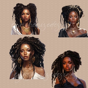 May include: Four digital illustrations of women with dark brown skin and long, dark brown hair styled in braids. Each woman is wearing gold jewellery and has a different expression.