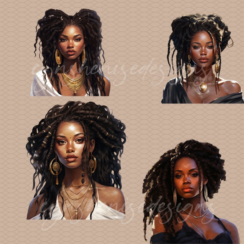 May include: Four digital illustrations of women with dark brown skin and long, dark brown hair styled in braids. Each woman is wearing gold jewellery and has a different expression.