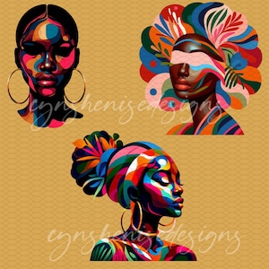 May include: Three digital illustrations of Black women with colorful abstract designs on their faces and hair. The background is a gold color.