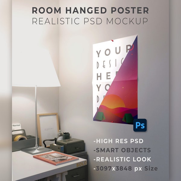 ROOM HANGED POSTER - Realistic Psd Mockup (for poster design, digital art, wall art, branding design) Smart object based photoshop template