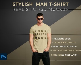 REALISTYCZNA STYLOWA KOSZULKA - Wysokiej rozdzielczości męska koszulka w formacie Psd Mockup (do brandingu odzieży, projektowania koszulek, drukowania na żądanie, projektowania mody)