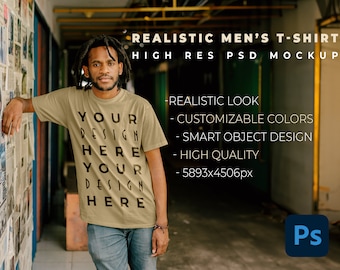 REALISTYCZNA KOSZULKA MĘSKA - Mockup w formacie Psd o wysokiej rozdzielczości (do brandingu koszulek/odzieży, grafiki cyfrowej, druku na żądanie)