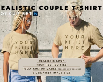 REALISTYCZNE KOSZULKI DLA PAR - Wysokiej jakości mockup Psd (wysoka rozdzielczość, dla marek odzieżowych, sztuka cyfrowa, druk na żądanie)