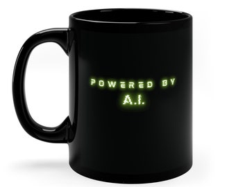 AI Enthusiast's Essential Mug - 'Powered by A.I.' in Striking Green on Black Ceramic. 11oz Black Mug