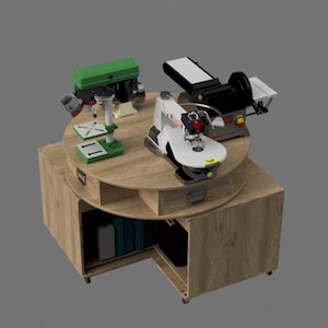 May include: A wooden workbench with a green drill press, a white scroll saw, and a black and silver belt sander. The workbench has a two-tiered design with storage and a drawer. The tools are arranged on the top tier.