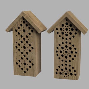 May include: Two wooden bee houses with a pattern of round holes. The houses are shaped like a pointed roof.