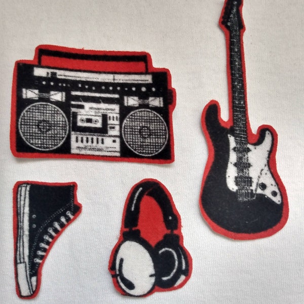 Handmade Rocker Music iron on patches 4 pack small appliques Guitar paatch Sneaker paatch Boom Box Radio patch Headphones 100% cotton fabric