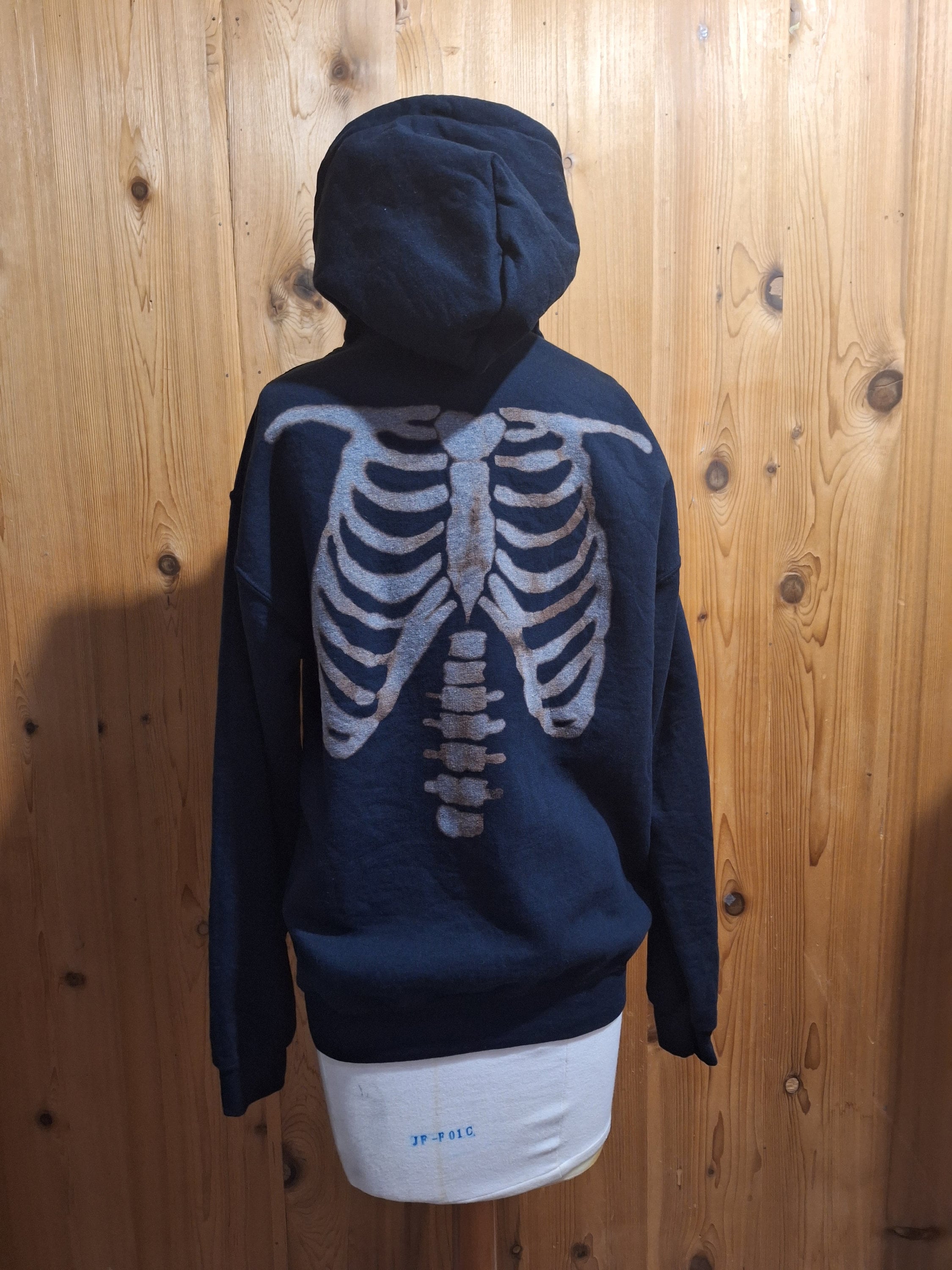 Bleached Skeleton Rib Cage Hoodie Black Hooded Sweatshirt Handmade