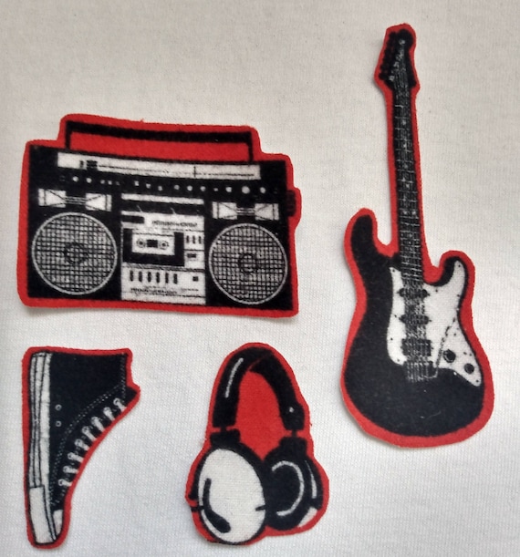 Handmade Rocker Music Iron on Patches 4 Pack Small Appliques Guitar Paatch  Sneaker Paatch Boom Box Radio Patch Headphones 100% Cotton Fabric 