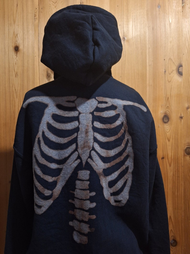 Bleached Skeleton Rib Cage Hoodie Black Hooded Sweatshirt Handmade