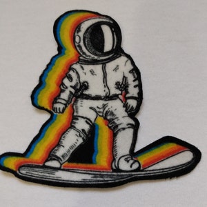 Rainbow Astronaut on a snowboard 4inch iron on patch handmade applique 100% cotton light fabric patch