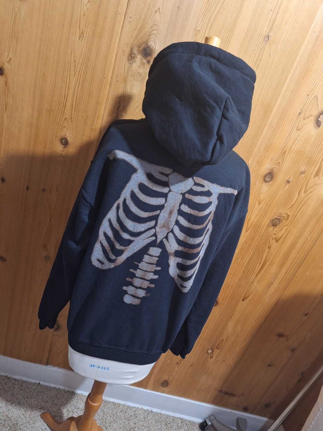 Bleached Skeleton Rib Cage Hoodie Black Hooded Sweatshirt Handmade