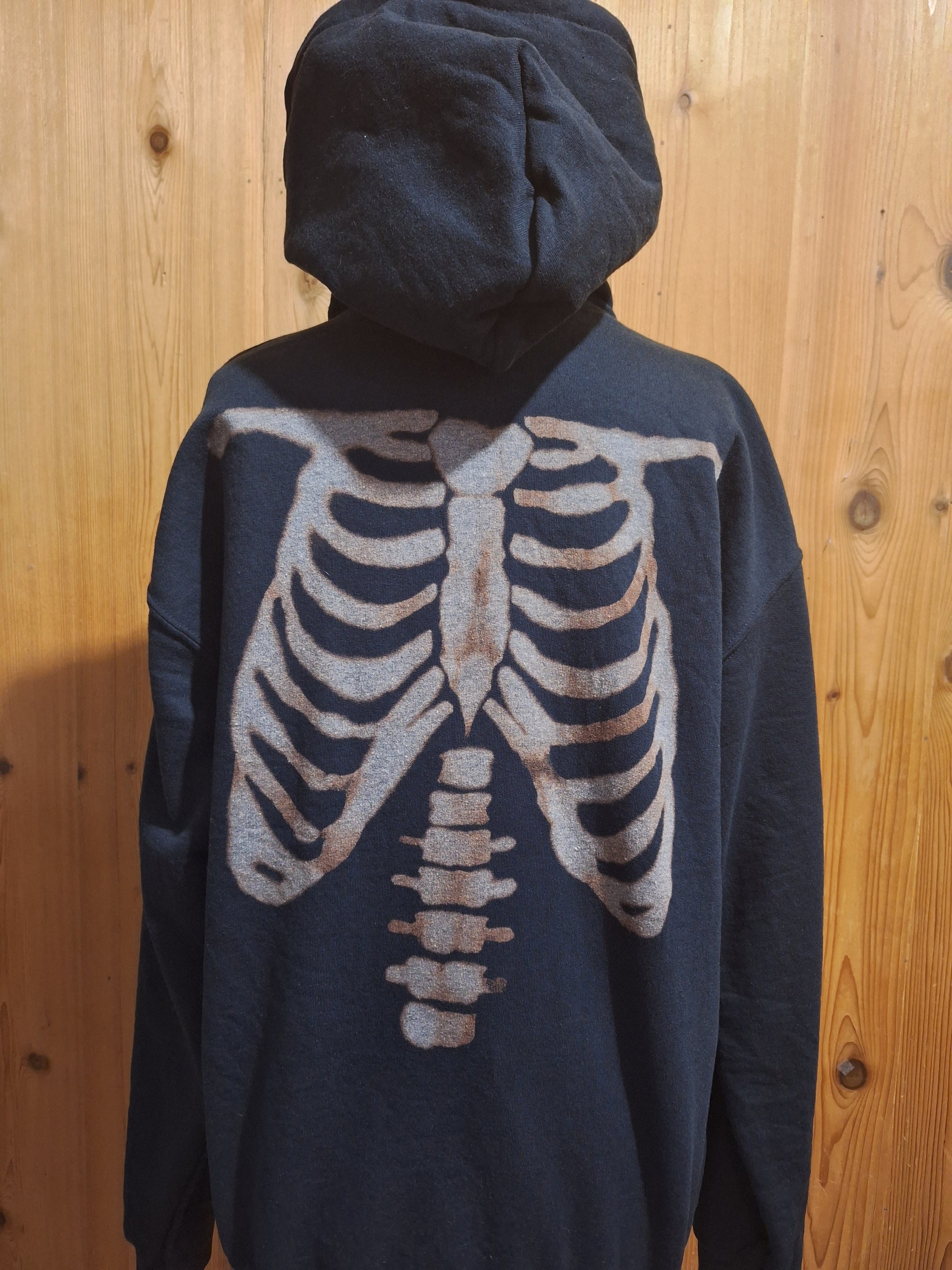 Bleached Skeleton Rib Cage Hoodie Black Hooded Sweatshirt Handmade