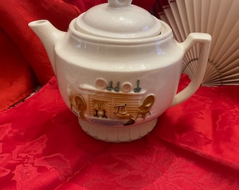 Théière vintage PORCELEIR porcelaine vitrifiée Scène de cheminée 1,5 litre