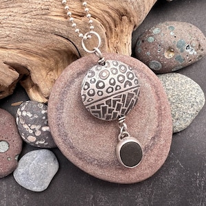 Sterling Silver Etched Handmade Lentil Bead Necklace with Lake Superior Basalt Stone | Handmade Necklace | Basalt Stone Necklace