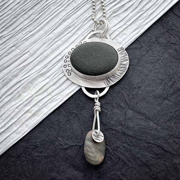 Handmade Lake Superior Basalt Stone and Beach Stone Silver Necklace. Handmade Silver Necklace, Silver Necklace, Basalt Stone Necklace