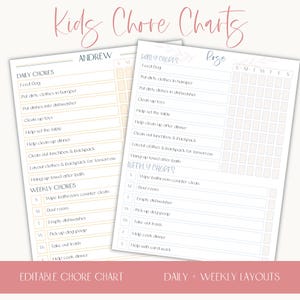 Kids Chore Chart Printable | Family Chore Chart for Multiple Kids | Editable Daily & Weekly Responsibility Tracker | Instant Download PDF