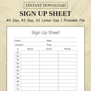 Sign up Sheet | Sign up Template | Printable Sign up Form | Event Sign ...