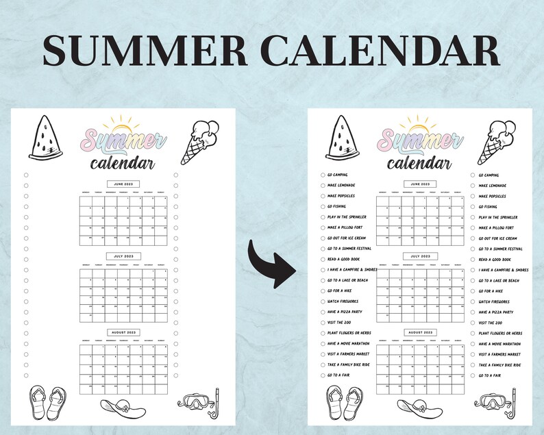 Summer Calendar Printable Summer Activities Calendar Summer Checklist ...