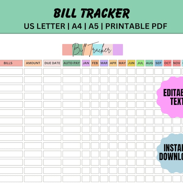 Printable Yearly Bill Payment Checklist | Bill Payment Checklist Template | Bill Payment Tracker | Expense Tracker, Bill Planner PDF