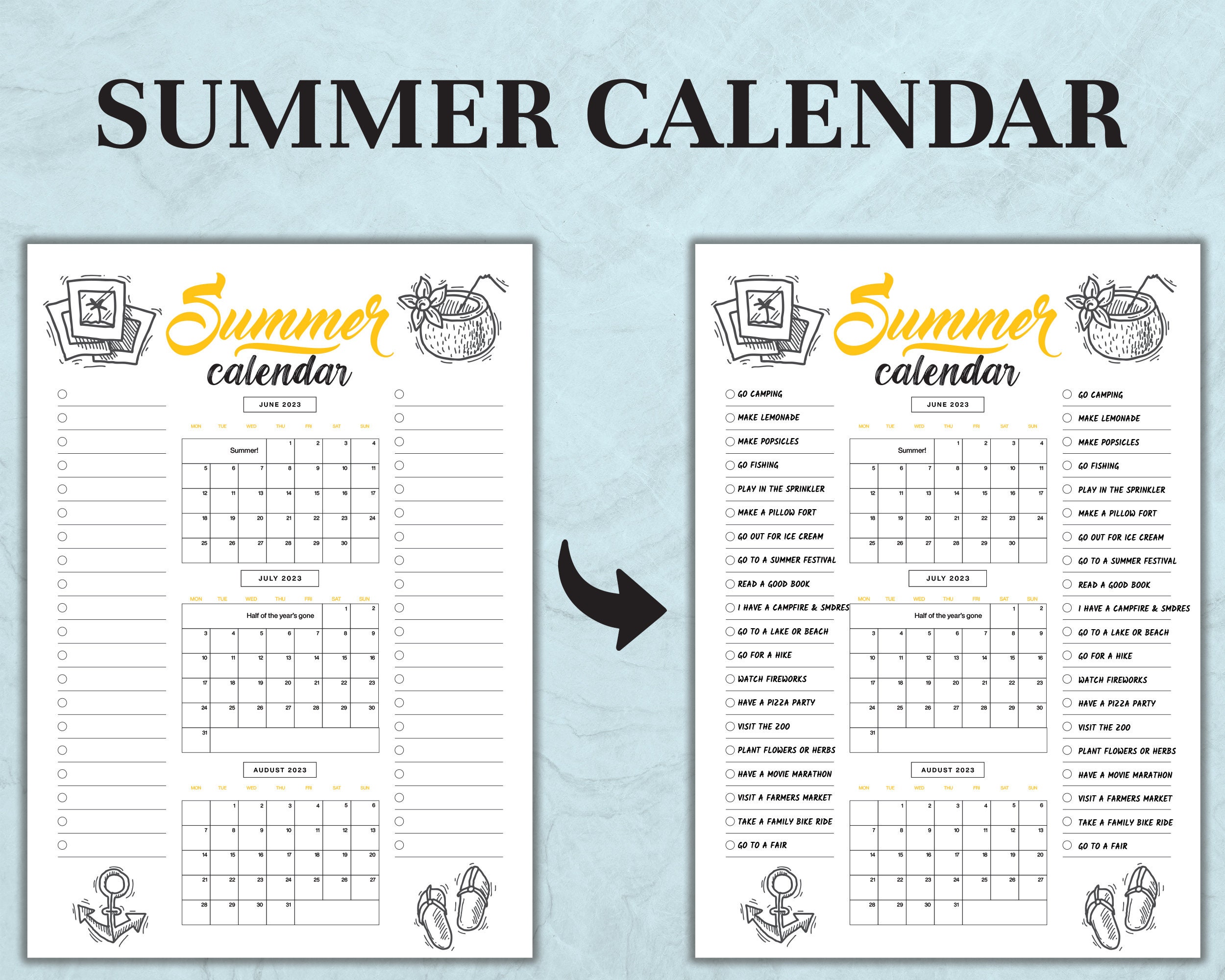 Summer Calendar Printable Summer Activities Calendar Summer Checklist ...