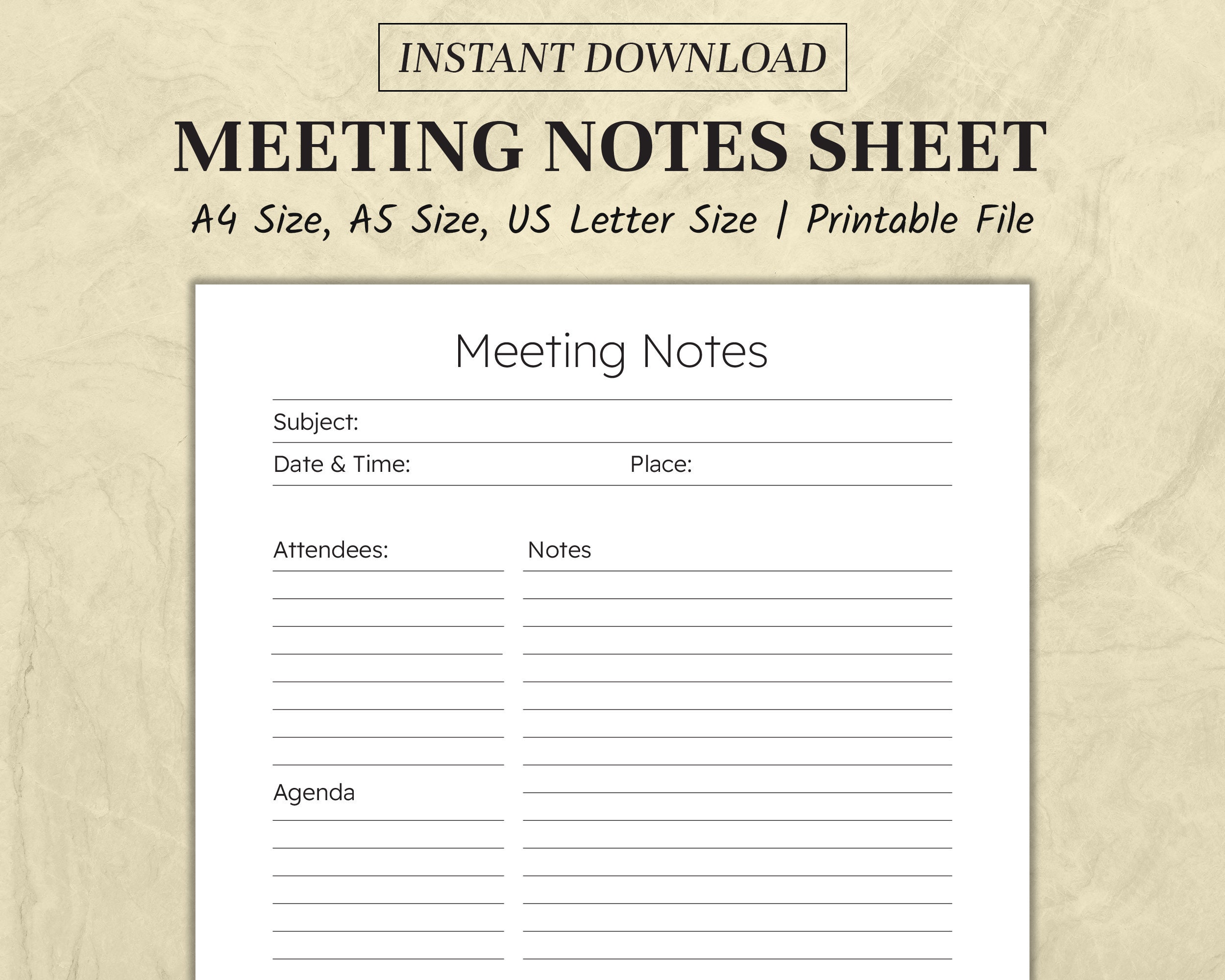 Meeting Notes Template Printable | Meeting Minutes | Meeting Agenda | Business Note Taking, A4 ...