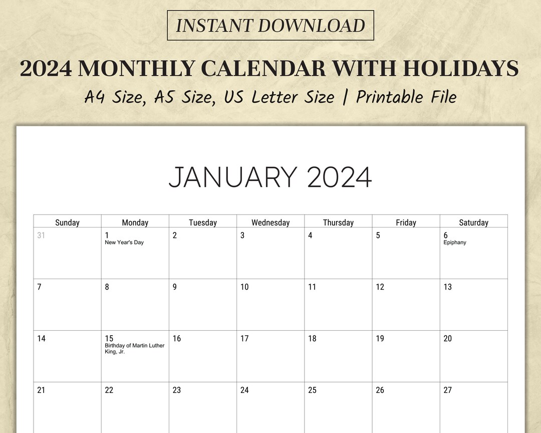 2024 Monthly Calendar With Holidays Printable Calendar Template